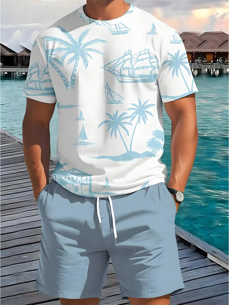 Completo estivo casual da uomo composto da 2 pezzi: pantaloncini a maniche corte con stampa hawaiana, t-shirt da uomo e pantaloncini da spiaggia per sport all'aria aperta.