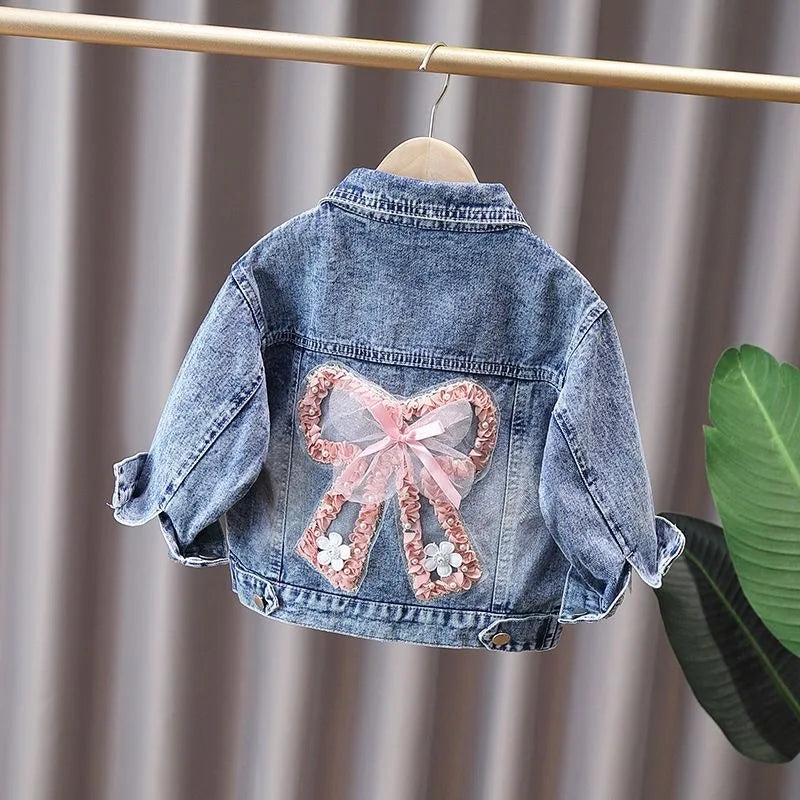 Giacca di jeans per bambine dai 2 ai 12 anni, nuova moda, cappotti in jeans per bambine, grazioso design con coniglietto e fiocco in pizzo, abbigliamento esterno per bambini