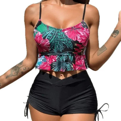 Bikini a due pezzi con stampa floreale da donna, costume da bagno a due pezzi con bordo incrociato e taglio piatto, comodo ed elegante, ideale per la spiaggia.
