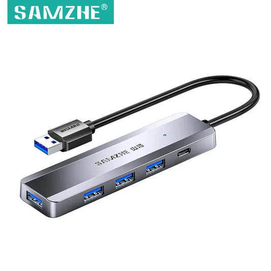SAMZHE Hub USB 3.0 ultrasottile a 4 porte, hub USB ad alta velocità con porta Type-C, adattatore splitter per laptop, PC e smartphone.
