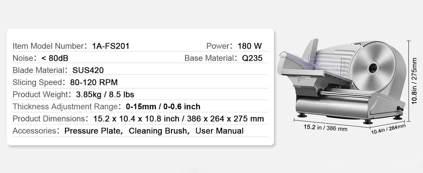 Affettatrice elettrica per carne SucceBuy, affettatrice per alimenti in acciaio inox SUS 420, lama e protezione per lama, spessore regolabile per uso domestico