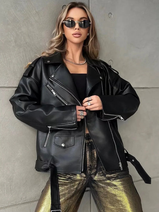 Women Loose Motorcycle Biker Black Pu Faux Leather Jacket with Belt Spring Autumn Female Zipper Coat Outwear 2025