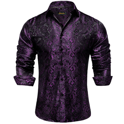 Camicie da uomo a maniche lunghe in seta e poliestere, camicie eleganti di lusso, camicie da smoking con colletto rovesciato e motivo paisley, abbigliamento da uomo