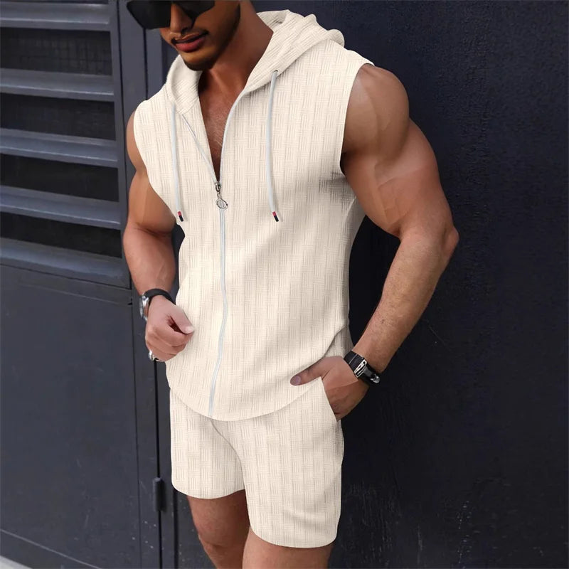 5 colori disponibili per completo da uomo con cappuccio, senza maniche, cerniera, a quadri, slim, alla moda, casual, sportivo, gilet, pantaloncini, set due pezzi, top trendy