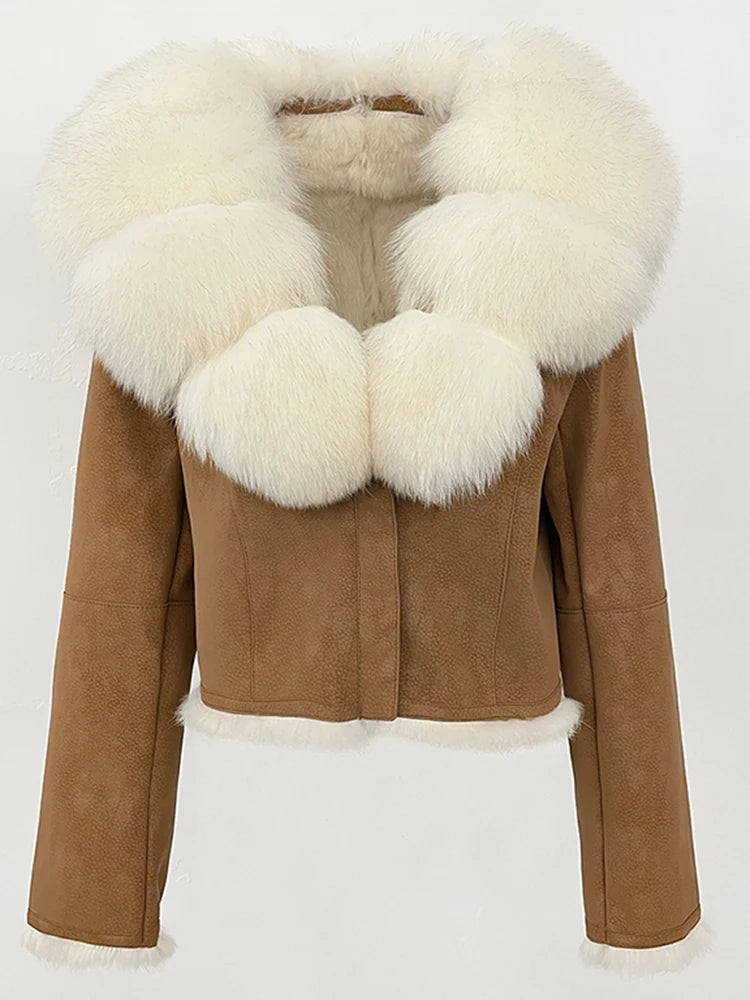 OFTBUY Fashion Short Natural Fox Fur Collar Coat Female New Autumn Winter Fur Clothing Real Rabbit Fur Liner Suede Jacket Women