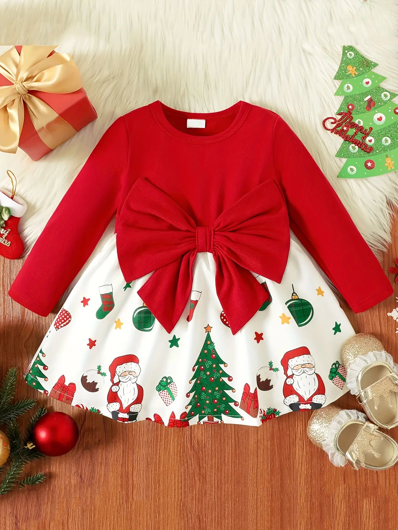 Ceeniu Il mio primo Natale Abiti da bambina Abito verde patchwork natalizio stampato Costume di Capodanno per neonati