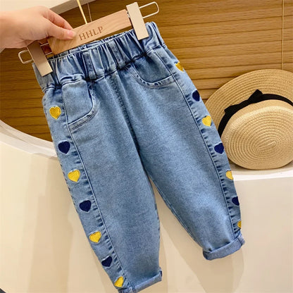 Jeans ricamati con fiori per bambina, jeans per bambini, pantaloni per bambina, pantaloni a gamba larga Daduhey, pantaloni harem, pantaloni per vestiti