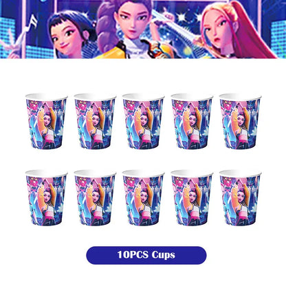 Kpop Demon Hunter Birthday Decoration Set Kpop Girl Cup Pate Happy Balloon Happy Banner Gift Bags Supplies for Kids Party Favors
