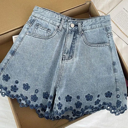 Female Korean Embroidered Ruffles High Waist Jeans Summer Trend Sexy Buttons Slim Shorts Women Clothes All-match Pocket Pants