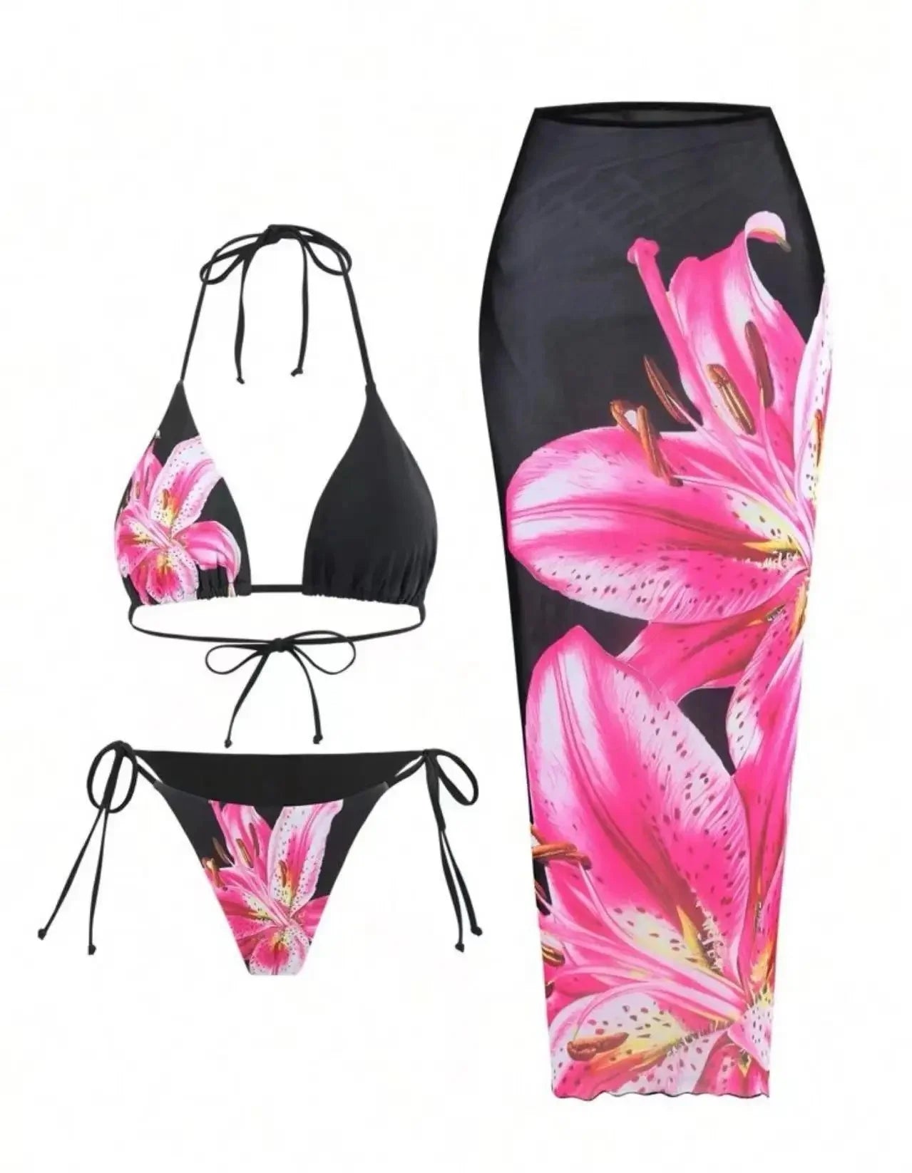 Sexy Print Three-piece Swimsuit Set Charms Lilies Limited Edition Bikini Set Attractiveness Sensuality Fashionable Women's Wear