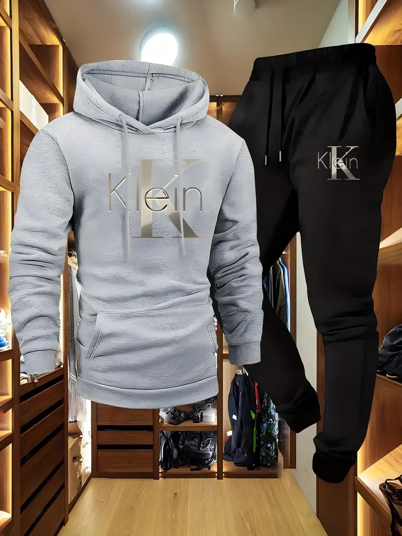 Completo casual da uomo a due pezzi con motivi autunnali e invernali, felpa con cappuccio, pantaloni lunghi con tasche, tuta sportiva per attività all'aperto.