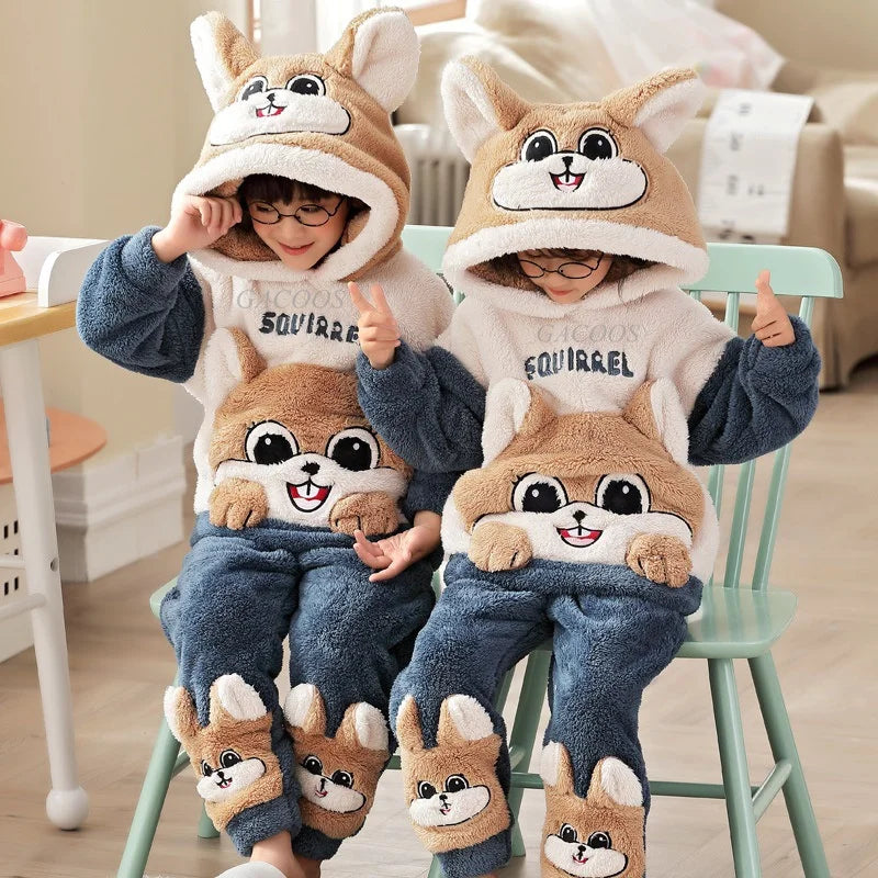 Pigiama invernale caldo per ragazzi con animali dei cartoni animati, set pigiama per bambini in pile di corallo, completo da casa in flanella con cappuccio, pigiama per ragazzi