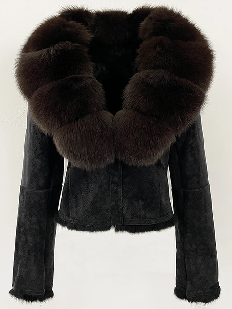 OFTBUY Fashion Short Natural Fox Fur Collar Coat Female New Autumn Winter Fur Clothing Real Rabbit Fur Liner Suede Jacket Women
