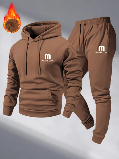 Winter and autumn fleece thickened hooded pullover sweater jacket for men, casual sports outfit, two-piece set for men