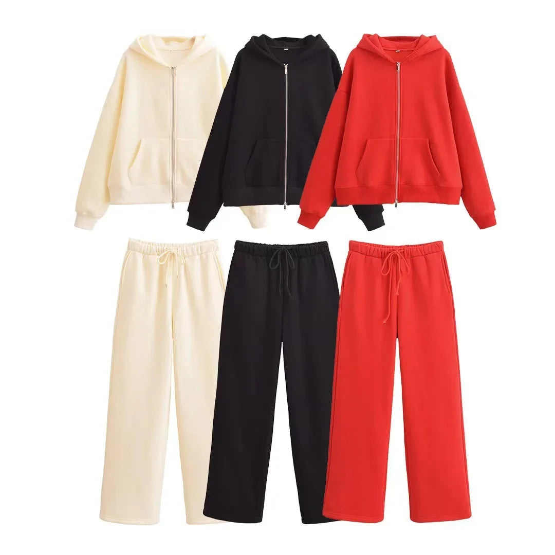 Hooded Fleece Zipper Sweatshirt Jacket And Straight Leg Pants Set Women's Clothing Cozy Cotton Blend Imported from China
