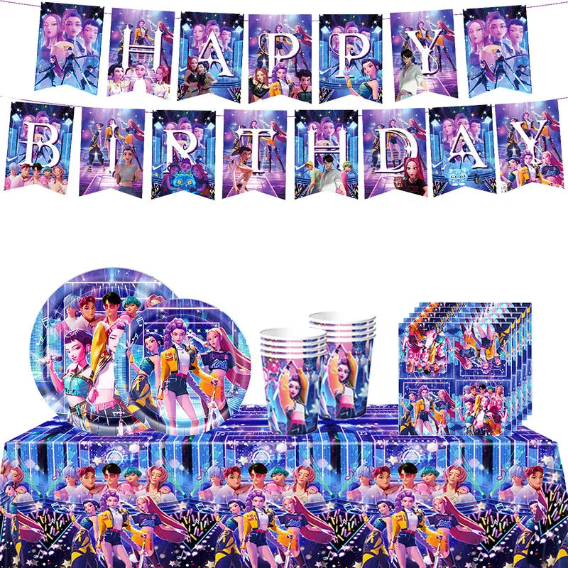 Kpop Demon Hunter Birthday Decoration Set Kpop Girl Cup Pate Happy Balloon Happy Banner Gift Bags Supplies for Kids Party Favors