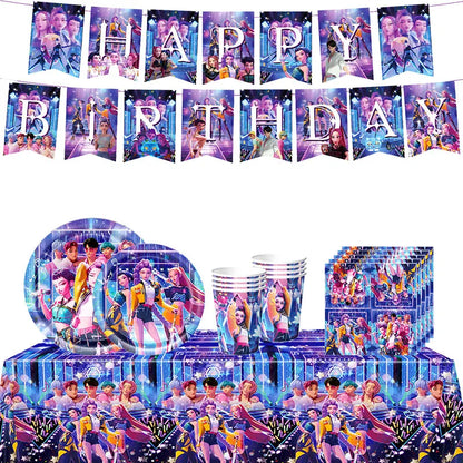 Kpop Demon Hunter Birthday Decoration Set Kpop Girl Cup Pate Happy Balloon Happy Banner Gift Bags Supplies for Kids Party Favors