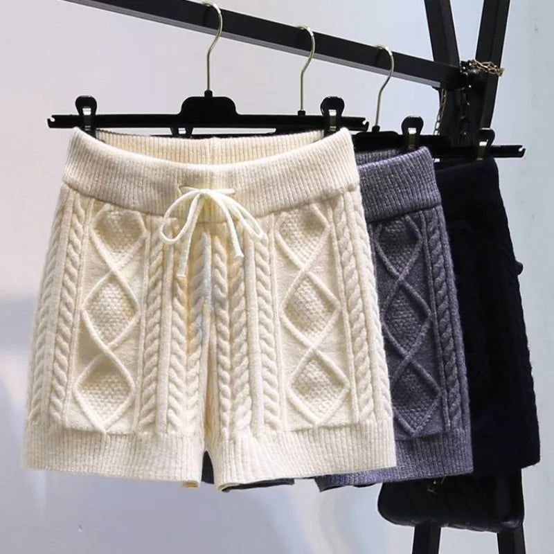 Pantaloncini da donna elasticizzati a vita alta con torsione, caldi e dolci, spessi, ideali per la casa, casual, dritti, a righe.