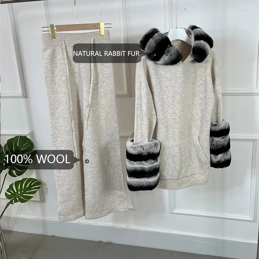 Maglione in cashmere da donna con polsini in vera pelliccia di coniglio, abito invernale caldo in lana, maglione di lusso in pelliccia di coniglio naturale