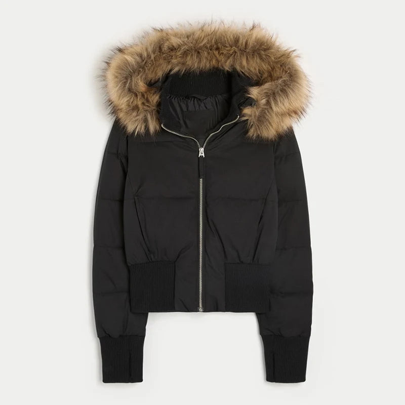 Elegant Fur Collar Hood Belt Long Cotton Jacket Women Zipper Drawstring Waist Parka Down Coat 2025 Winter Lady Warm Chic Outwear