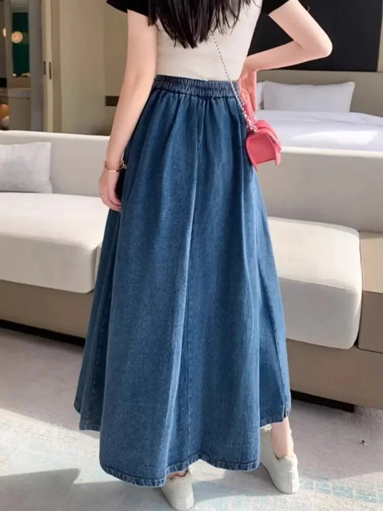 Plus Size Denim Pleated High Waist Midi Skirt Women's Design Sense Half Body Skirt Hip Conceal Slim a Line Skirt