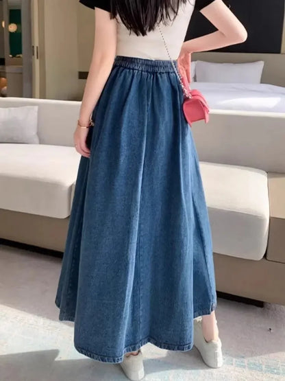 Plus Size Denim Pleated High Waist Midi Skirt Women's Design Sense Half Body Skirt Hip Conceal Slim a Line Skirt