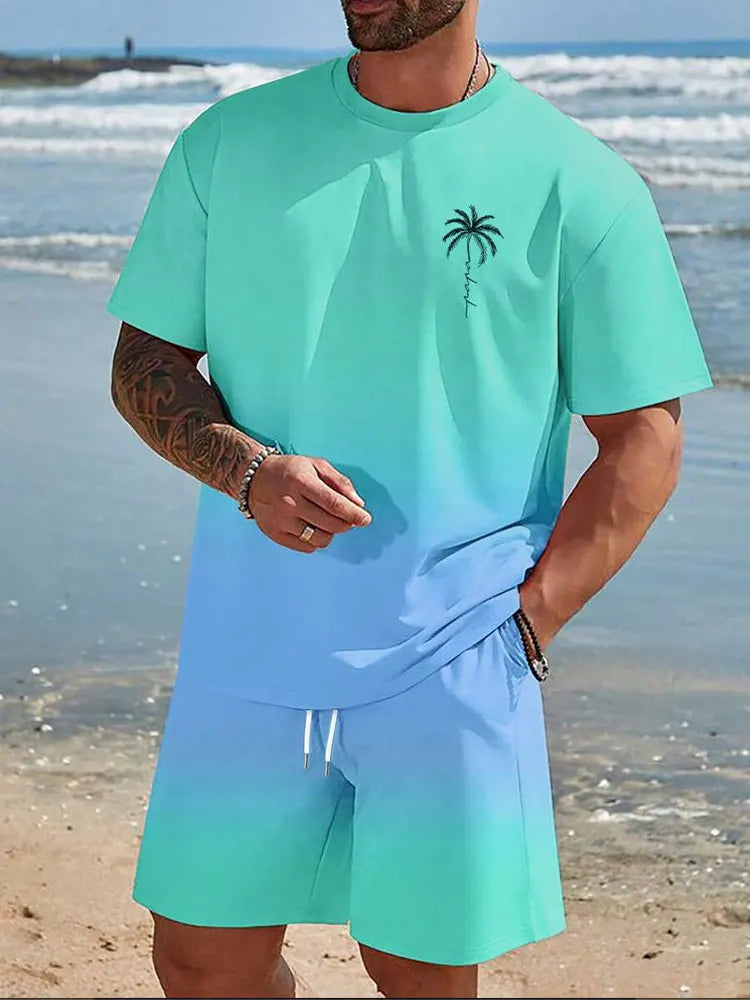 Completo estivo casual da uomo composto da 2 pezzi: pantaloncini a maniche corte con stampa hawaiana, t-shirt da uomo e pantaloncini da spiaggia per sport all'aria aperta.