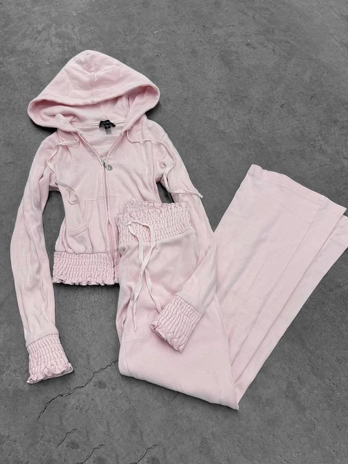 Y2K Pink Joggers Tracksuits Women Harajuku Cute Pleated Elastic Waist Zipper Sweatshirt Hoodie Gothic Casual Pants Sweatpants