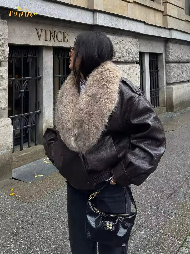 HH Women 2026 New Fashion Vintage Faux Fur Collar Jackets Long Sleeve Faux Leather Jacket Autumn High Street Lady Chic Outwear