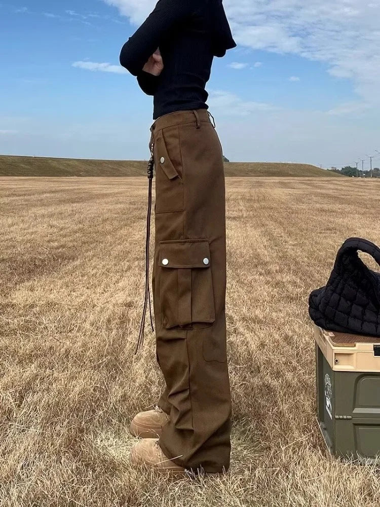 Pantaloni cargo larghi marroni multitasche Ropa Y2K Streetwear 2024 per donna, vestiti dritti in cotone hip hop, nuovi pantaloni da donna
