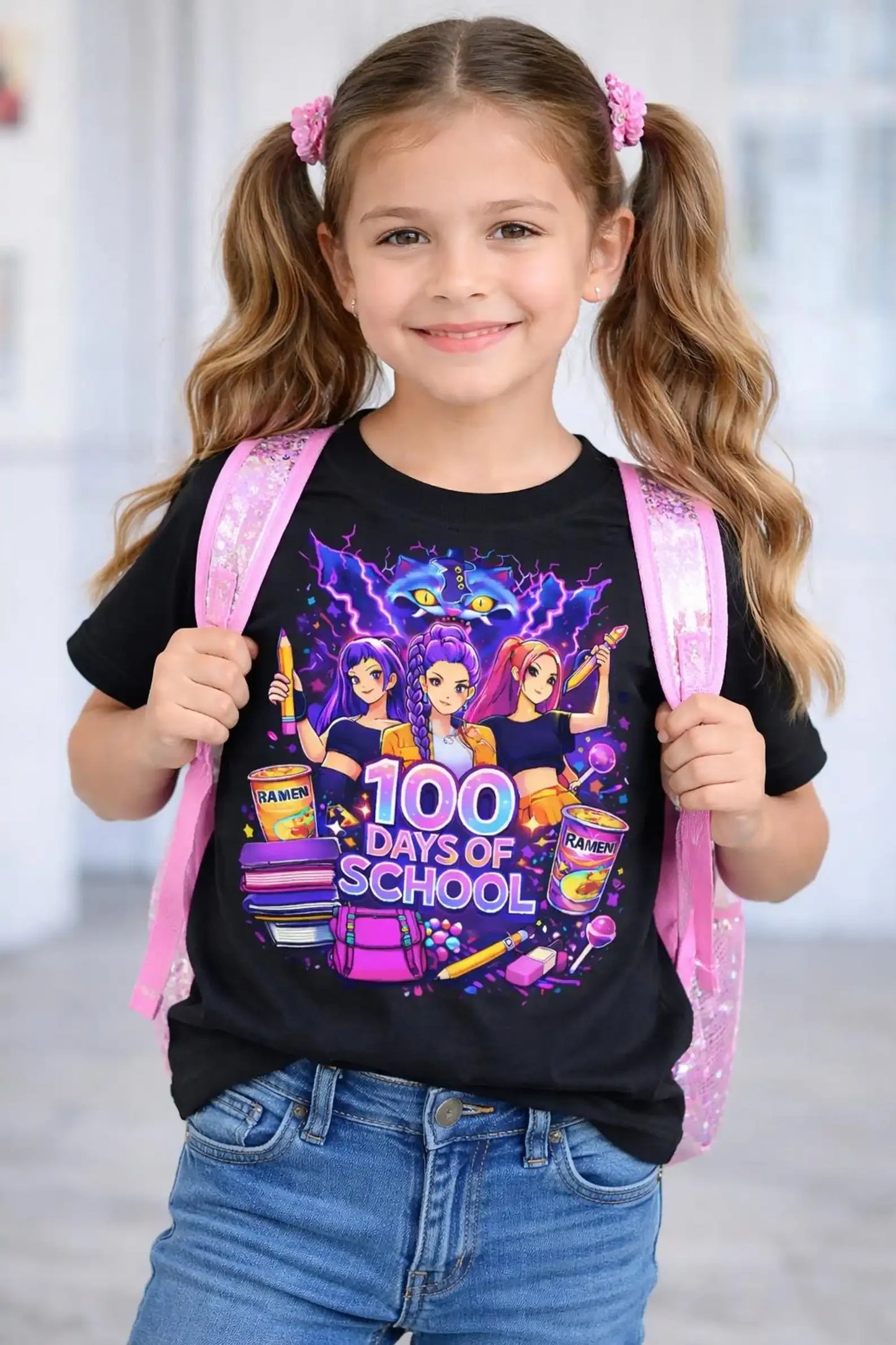 T-shirt per bambini in puro cotone con stampa fronte-retro a tema K-Pop "Demon Hunters" di HUNTRX, un vero successo di vendite.