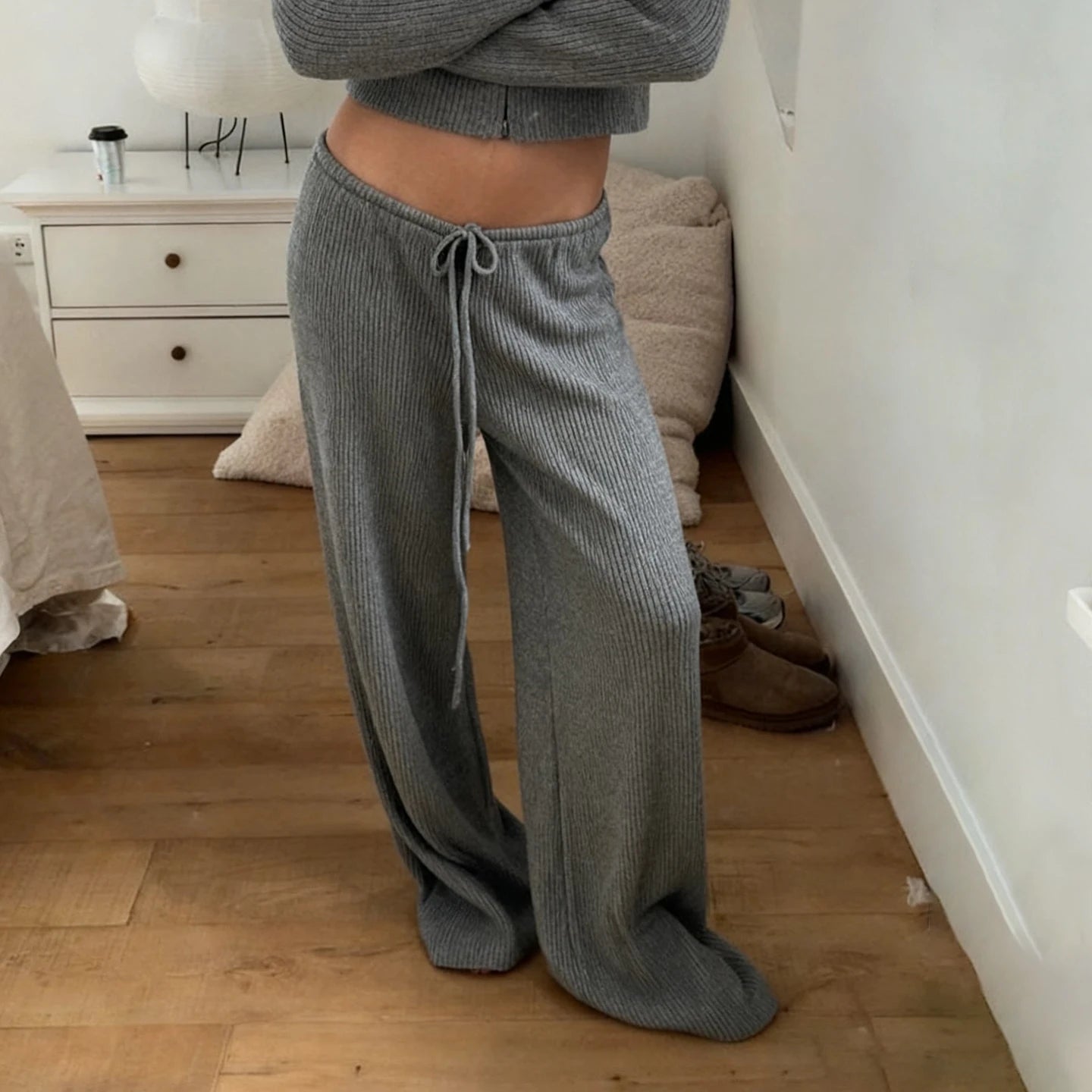 Basic Solid Low-Waisted Ribbed Knitted Pants Casual Loose Drawstring Wide Leg Pants Soft Comfy Lounge Wear Trousers Streetwear