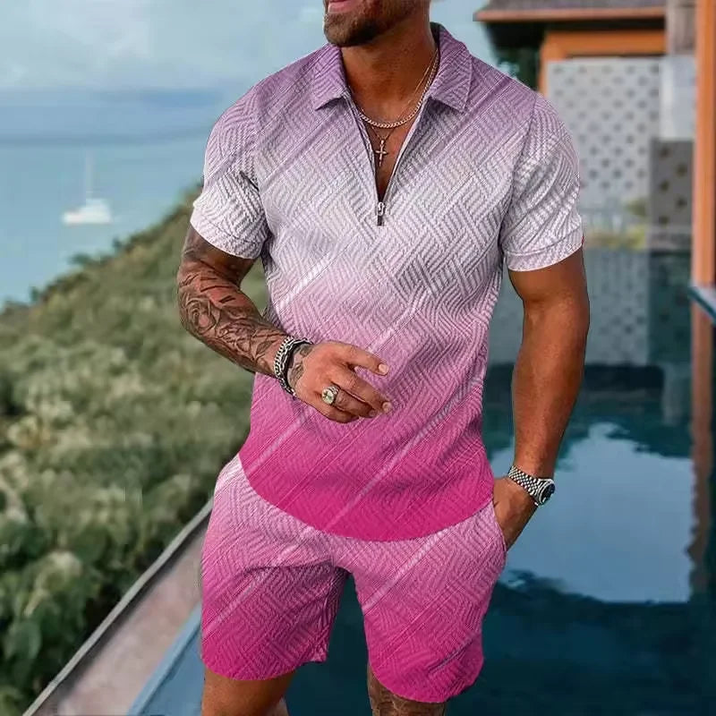 Completo da uomo composto da polo con cerniera, tinta unita, stampa 3D sfumata, colletto polo e pantaloncini. Abbigliamento estivo oversize per le vacanze alle Hawaii.
