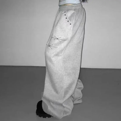 Black Gothic Casual Sweatpants American Hip-Hop Retro Rivets Loose Wide-Leg Pants For Women Korean Jogging High-Waist Streetwear