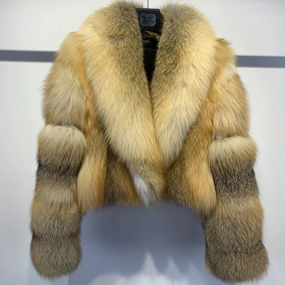 # Giacca in pelliccia di volpe dorata da donna, cappotto corto in vera pelliccia di volpe, manica lunga, in tessuto di pelliccia naturale con colletto