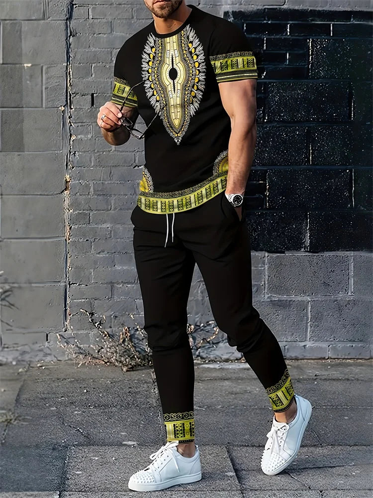 Abstract Zipper 3D Printed Men's Casual Thin Short-sleeved Long Pants Set, Urban Street Casual Fashion Men's 2pcs Long Pants Set