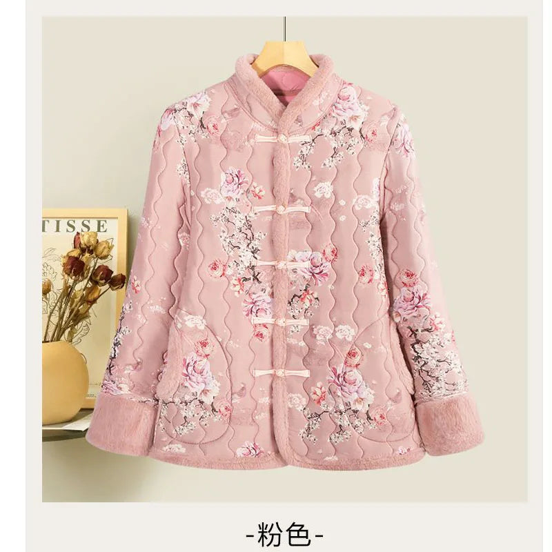 Chinese Cotton-padded Jacket Women's Mother's Wind Coat New Thick Jacket 2025 Winter Female Plus Velvet Retro Buckle Overwear