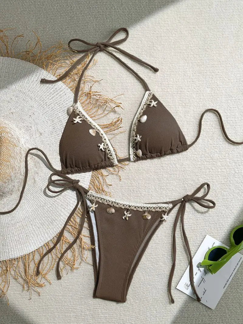 Women's Sexy Halter Triangle Bikini Top 2025 New Arrival Swimwear with Shell & Starfish Design Trendy Beachwear Two Pieces Bikin
