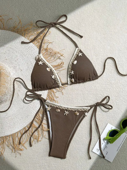 Women's Sexy Halter Triangle Bikini Top 2025 New Arrival Swimwear with Shell & Starfish Design Trendy Beachwear Two Pieces Bikin
