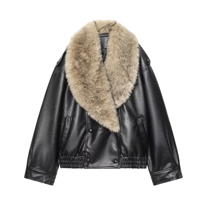 HH Donna 2026 Nuova Moda Vintage Giacca con Collo in Ecopelliccia a Maniche Lunghe Giacca in Ecopelle Autunno High Street Lady Chic Capo Esterno