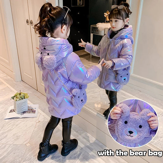 4 5 6 7 8 9 10 11 12 anni Giacca invernale da bambina imbottita Tieni al caldo Simpatico orsetto alla moda Cappotto con cappuccio Piccola principessa Abbigliamento per bambini