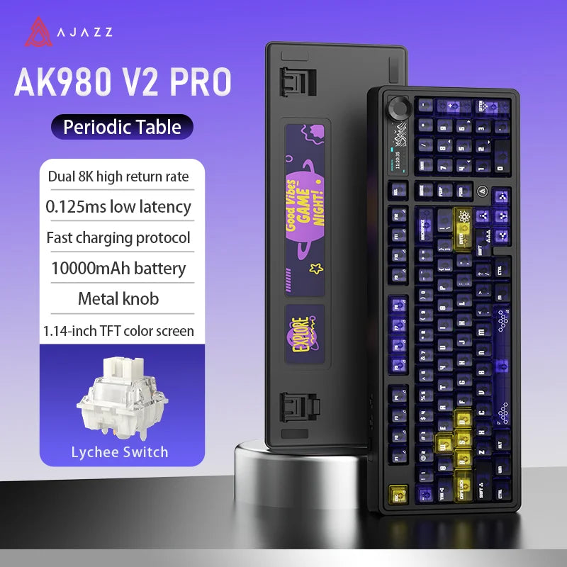 Tastiera da gioco AJAZZ AK980V2 Pro con batteria da 10000 mAh, doppia frequenza di polling 8K, tri-mode cablata/Bluetooth/2.4G e schermo a colori.