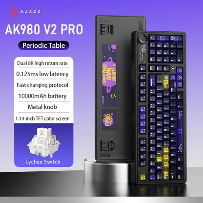 Tastiera da gioco AJAZZ AK980V2 Pro con batteria da 10000 mAh, doppia frequenza di polling 8K, tri-mode cablata/Bluetooth/2.4G e schermo a colori.