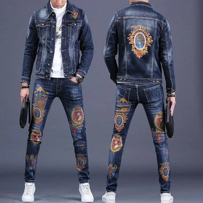 Completo in denim da uomo Primavera/Autunno 2025, Pantaloni slim alla moda da uomo, Giacca casual da uomo