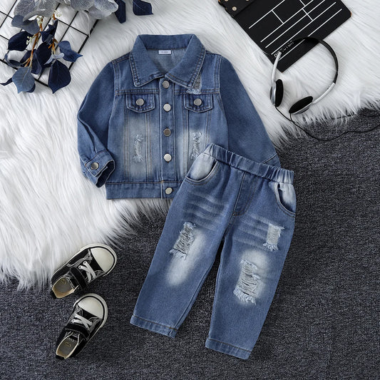 Completo in denim per bambini primavera autunno, design con strappi, giacca in jeans ampia con chiusura a bottoni, versatile, resistente all'usura, stile street.