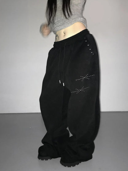 Black Gothic Casual Sweatpants American Hip-Hop Retro Rivets Loose Wide-Leg Pants For Women Korean Jogging High-Waist Streetwear