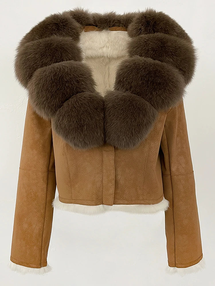 OFTBUY Cappotto corto alla moda con collo in pelliccia di volpe naturale da donna, nuovo abbigliamento autunnale e invernale in pelliccia, giacca in vera pelliccia di coniglio con fodera in pelle scamosciata da donna