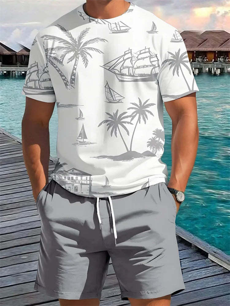Completo estivo casual da uomo con pantaloncini a maniche corte, maglietta alla moda da uomo stile urbano, pantaloncini sportivi da uomo per attività all'aperto.