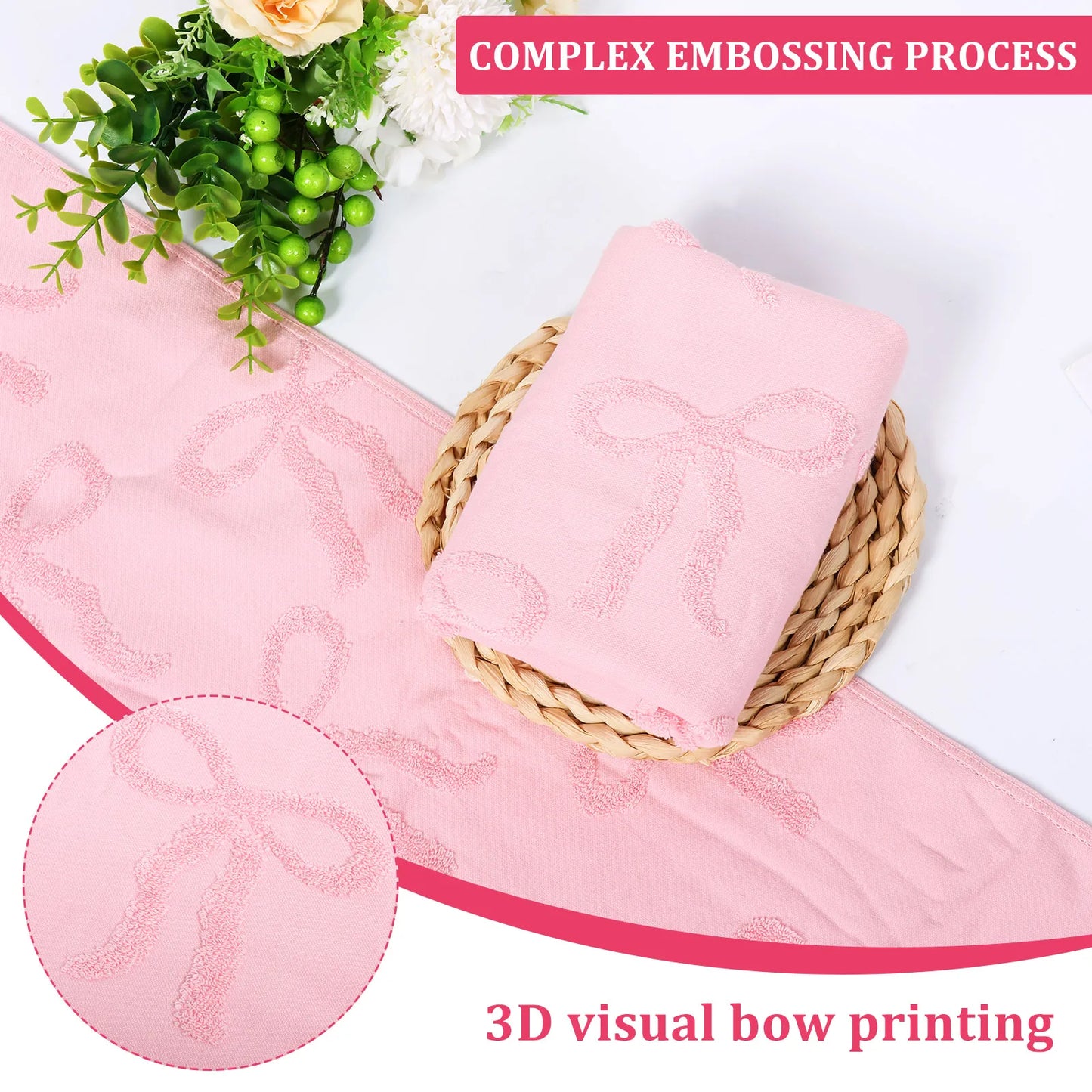 2/3Pcs Bath Towel Cotton 3D Bow Pattern Face Towel Strong Absorbency Embossing Bow Hand  Towel for Kitchen Bathroom Guest Room