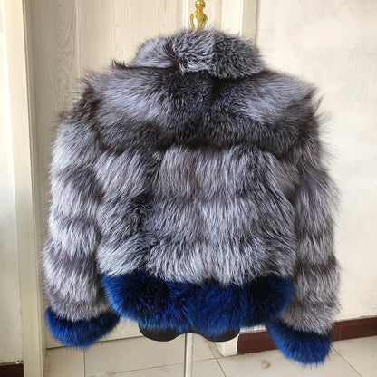 Nuovo cappotto invernale in pelliccia naturale da donna alla moda, con collo misto in volpe argentata, di alta qualità, in vera pelliccia, di lusso da donna
